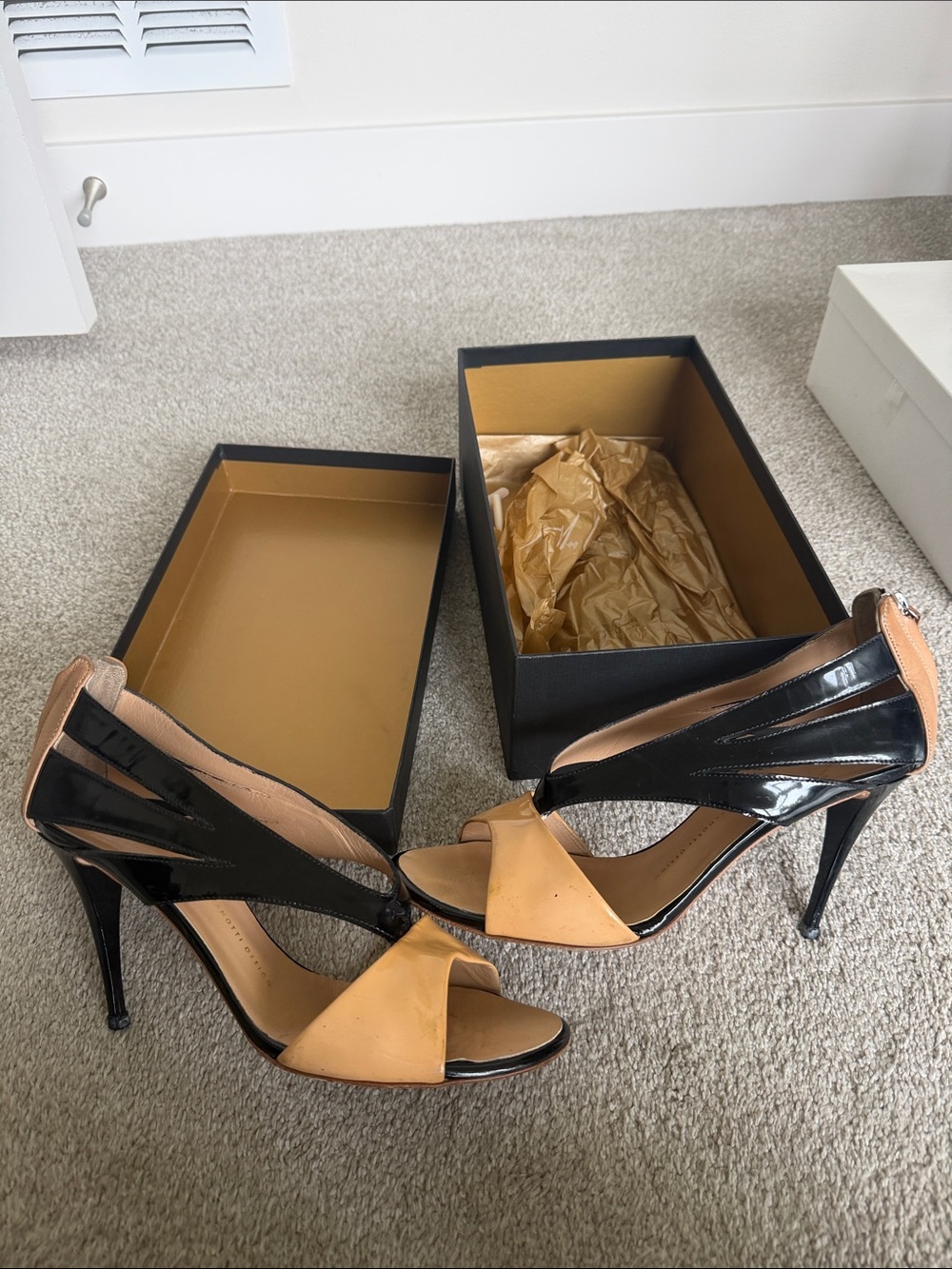 Giuseppe Zanotti Black and Tan Patent Leather Peep-Toe Stiletto Sandals